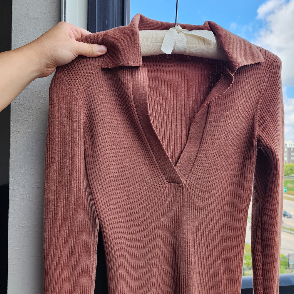 Aritzia Merino Wool Brown Sweater (Ribbed Knit Collar Style)